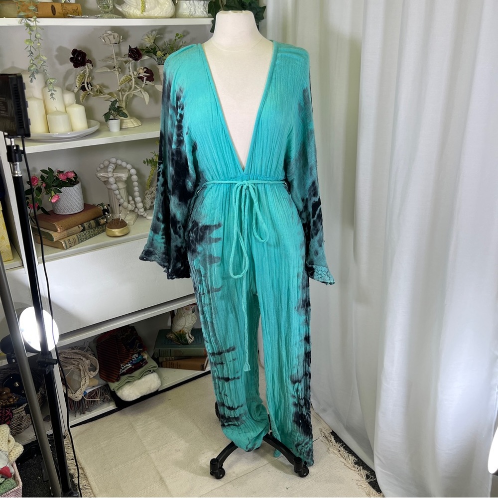 Jens Pirates Booty Blue and Black Cotton Gauze Wide Arm Jumpsuit - Picture 2 of 15